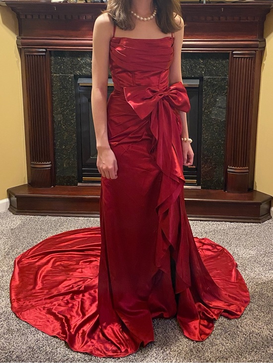 Dessiny Dresses & Skirts - Burgundy Satin Spaghetti Strap Satin Gown Hi-Low Corset top & Bow Detail Size 2